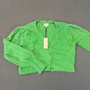 Freshman 1996 Cardigan Sweater LG Top V-Neck Green Fuzzy Long Sleeve Button NWT
